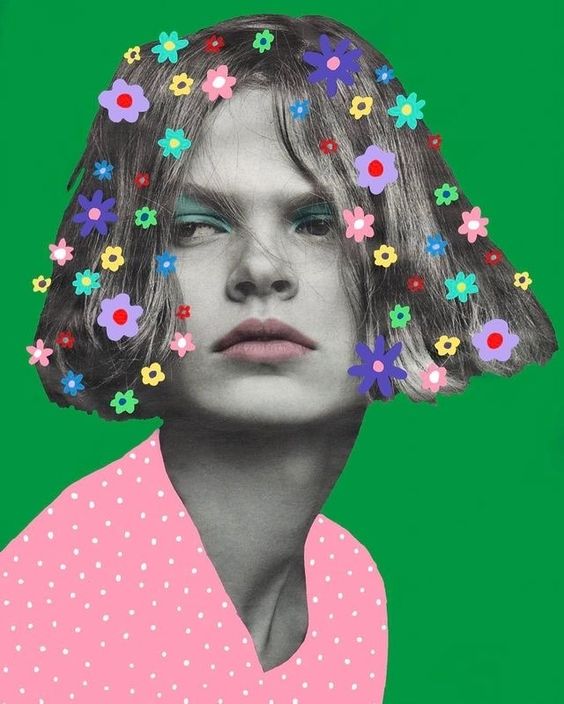 collage de mujer mirando a la izquierda con flores en el cabello