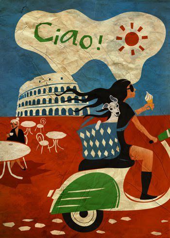 dibujo de mujer manejando moto en Roma