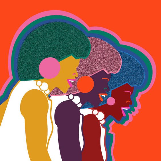 Dibujo de 3 mujeres escuchando musica