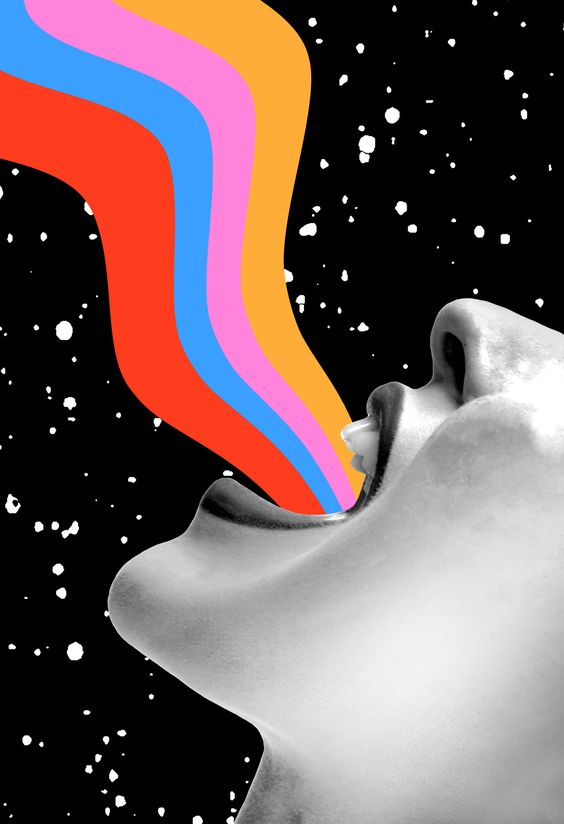 dibujo de boca de mujer vomitando arcoiris en un fondo negro con estrellas