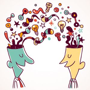 dibujo de 2 personas con las cabezas abiertas intercambiando pensamientos