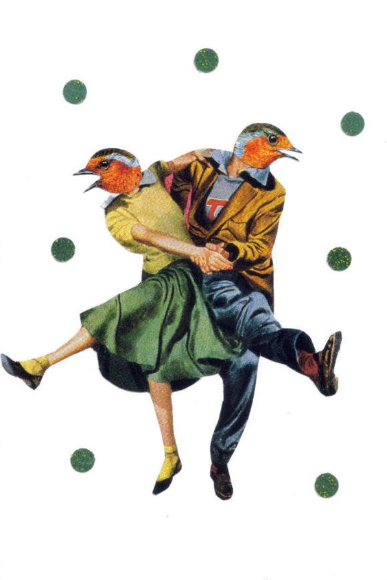 dibujo de 2 pajaros con cuerpos humanos bailando