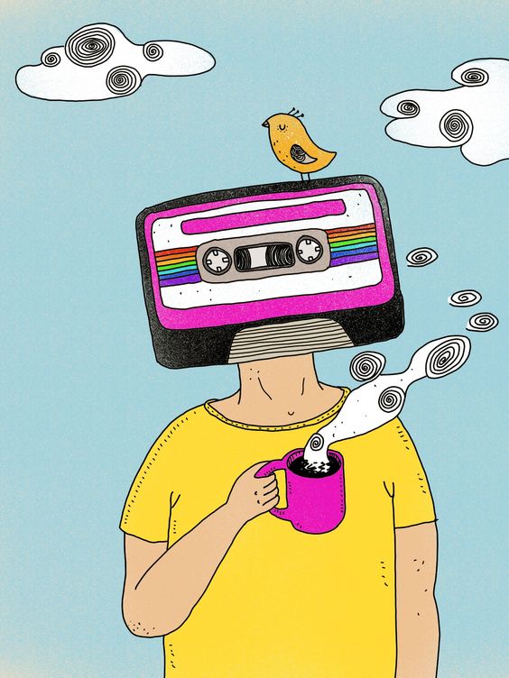 dibujo de persona con cabeza de cassette