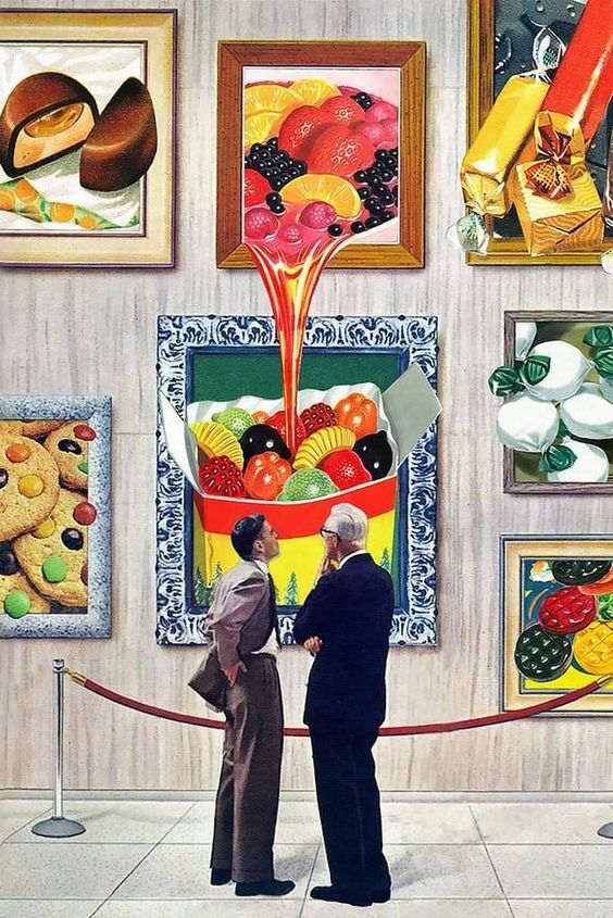 ilustración que muestra a 2 hombres mirando cuadros coloridos en lo que parece ser un museo