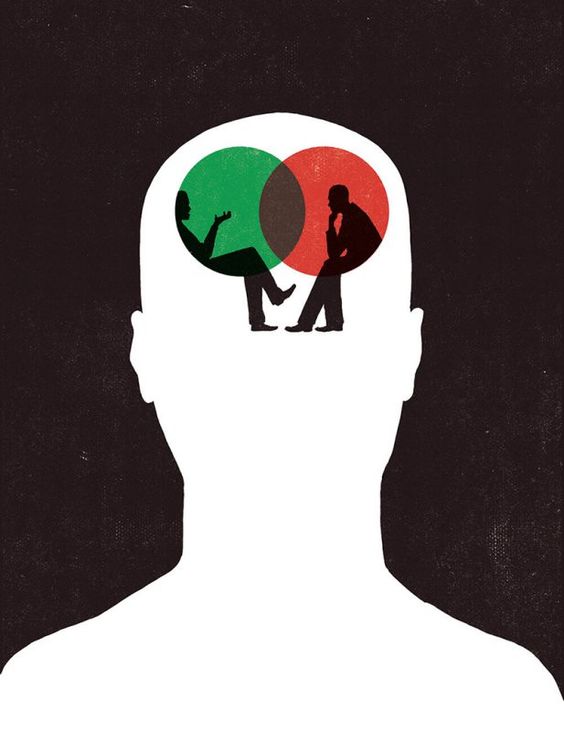 ilustración de cabeza humana en la que hay 2 personajes