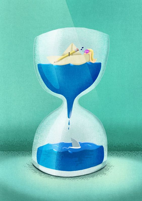 dibujo de reloj de arena pero relleno con agua. En la parte de arriba hay un barquito navegando y en la de abajo se ve una aleta de ballena