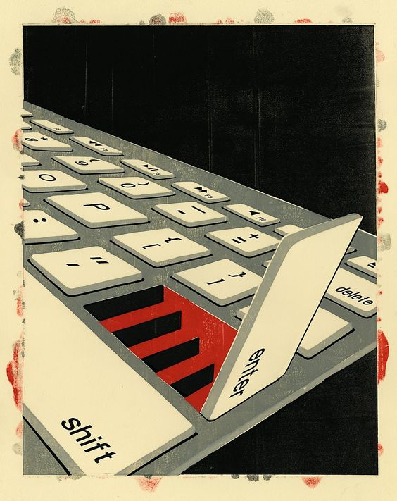 dibujo de Tecla de teclado de computadora que está levantada y deja ver una escalera que va como a un tipo de sótano.