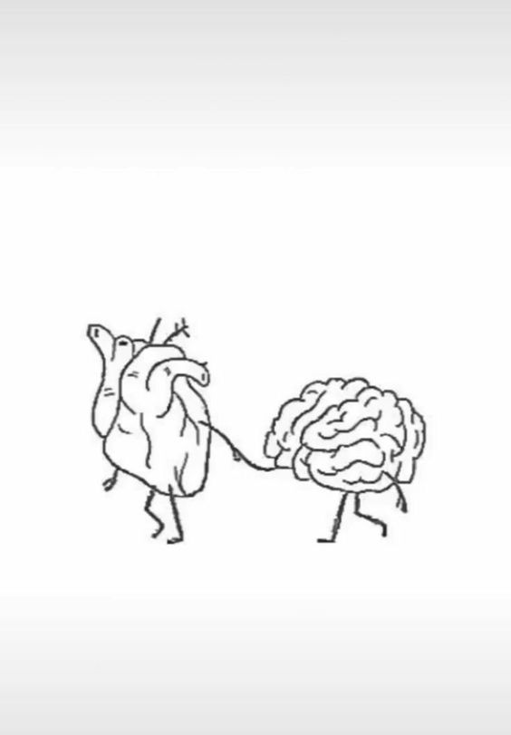 dibujo de corazón y cerebro caminando de la mano